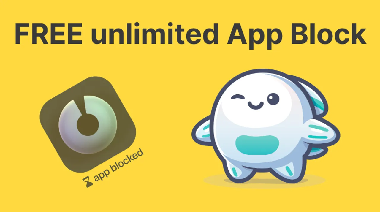 The image shows a promotional graphic with a yellow background. On the left, there is the one sec icon with a gradient of blue and purple colors. On the right, there is the flowbuddy a cute, cartoonish character with a round body, small fins, and a winking face, predominantly white with light blue accents. The text FREE unlimited App Block is prominently displayed in bold black letters across the top of the image.