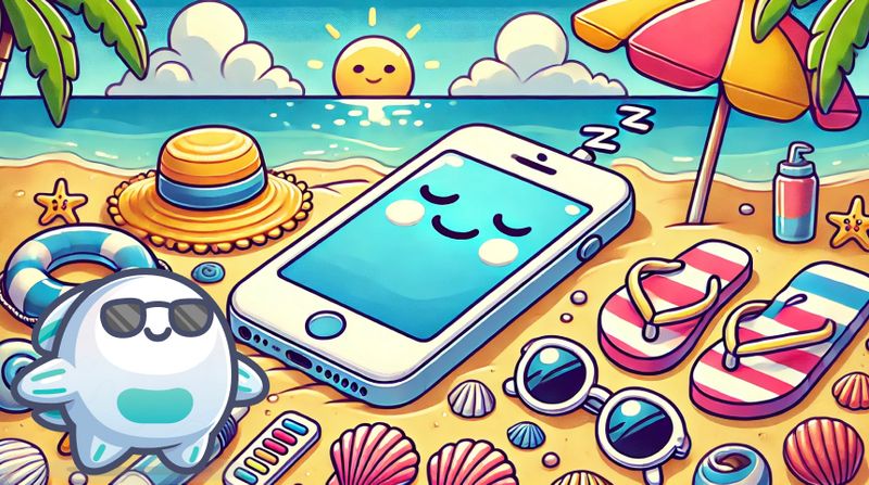 A cartoon-style illustration of an iPhone lying on a sandy beach, surrounded by seashells, a sun hat, and sunglasses. The iPhone has a sleeping face on its screen with closed eyes and a small smile. The background features a calm sea with gentle waves and a clear blue sky with a few fluffy clouds. The overall scene is bright and colorful, using shades like teal, turquoise, navy blue, and light grey, creating a relaxed, vacation-like vibe.